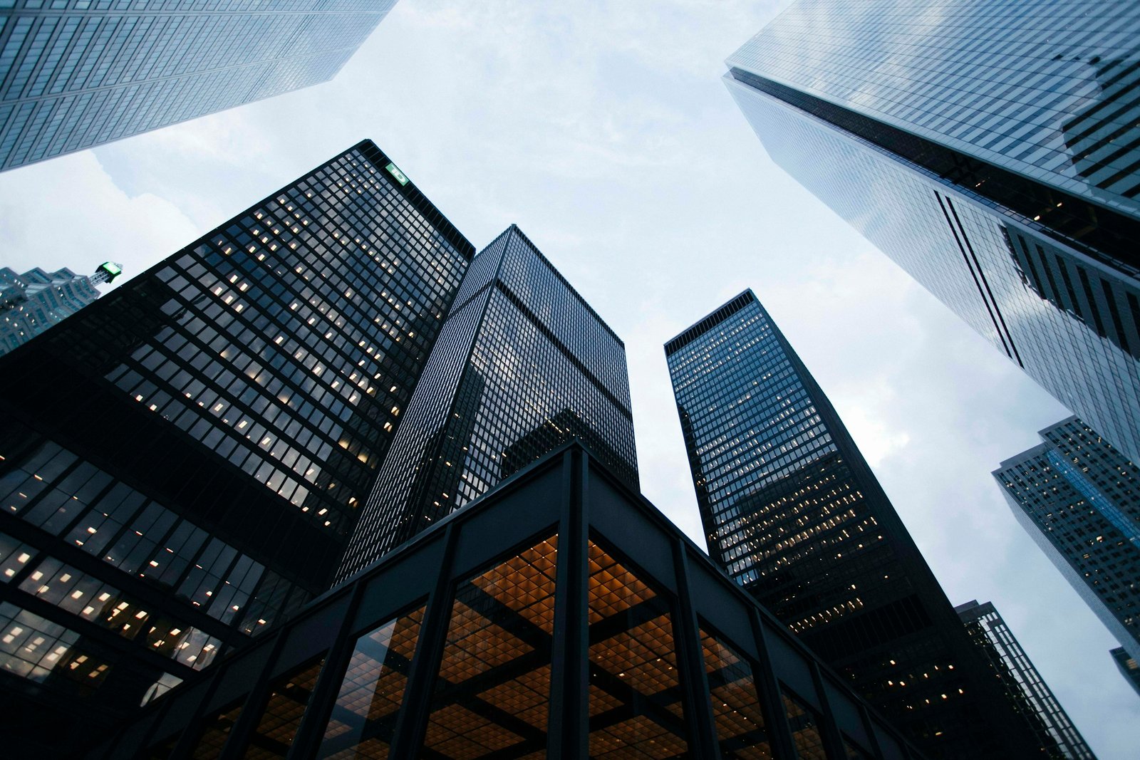 Looking up between sunlit towers, a meeting of many perspectives